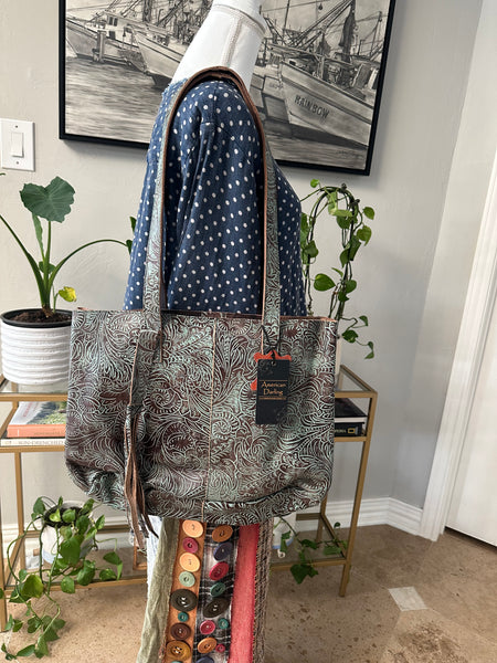 Embossed Western Leather Tote - Turquoise