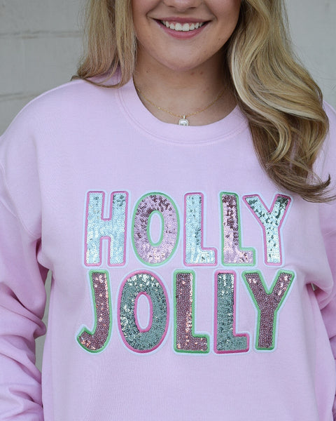 HOLLY JOLLY SEQUINS PATCH SWEATSHIRT - LT. PINK