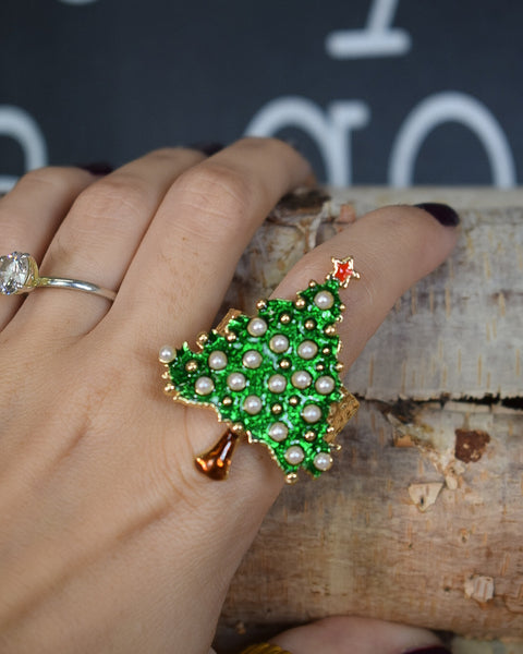 CHRISTMAS TREE WITH PEARLS STRETCHY RING - GREEN