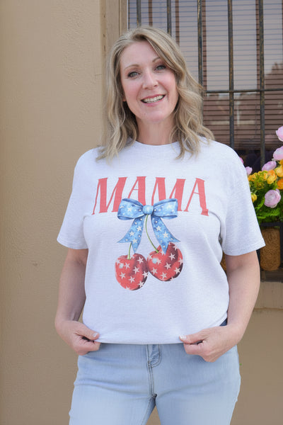 Patriotic Mama Cherries Graphic Tee - Heathered Grey - Reg/Curvy