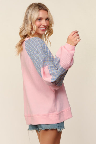 Thermal Plaid Woven Loose Fit Pullover Top - PINK - Salty Lime Boutique