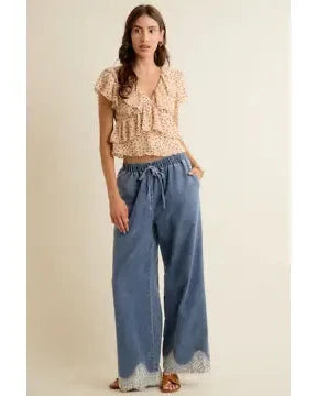 Elizabeth Denim Lace Trim Pants - Med Wash - Salty Lime Boutique