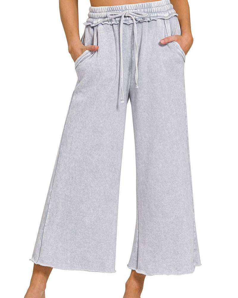 ACID WASHED FLEECE CROPPED SWEATPANTS - LT GREY