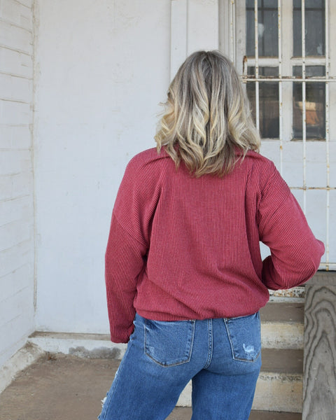 RESTOCKED OKLAHOMA RIB CORD SWEATSHIRT - BURGUNDY