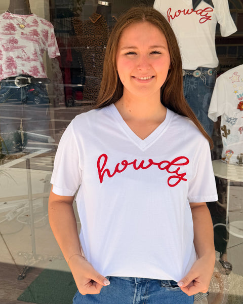 Howdy Embroidred Casual V-Neck T-Shirt: White