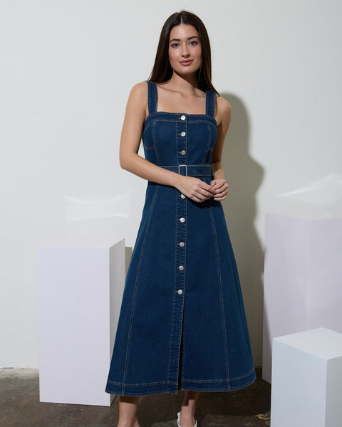 Square Neck Button Down Belted Midi Denim Dress - Salty Lime Boutique