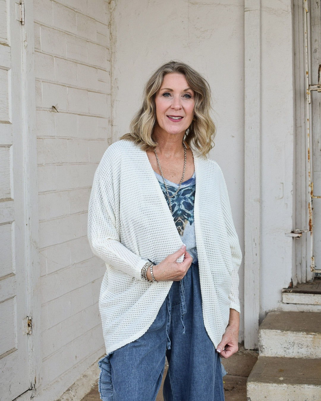 PATTY WAFFLE KNIT OPEN CARDIGAN  - CREAM