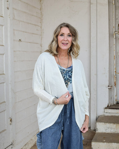 PATTY WAFFLE KNIT OPEN CARDIGAN  - CREAM