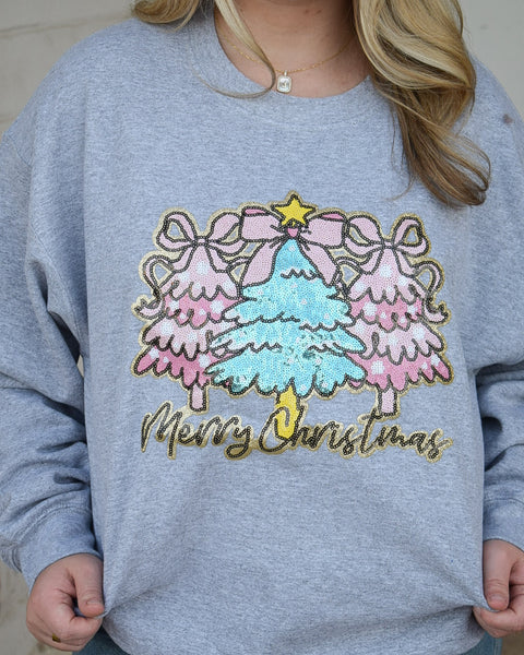 MERRY CHRISTMAS TREES SEQUINS PATCH SWEATSHIRT - HEATHERED GREY