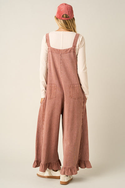Mineral Washed Ruffle Hem Overall Jumpsuit- Red Bean
