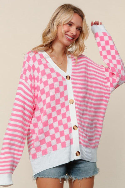 PRICILLA CHECKERED & STRIPED CARDIGAN - PINK