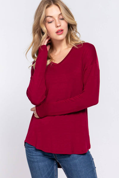 LONG DOLMAN SLEEVE V-NECK LAYERING TOP - 3 COLORS
