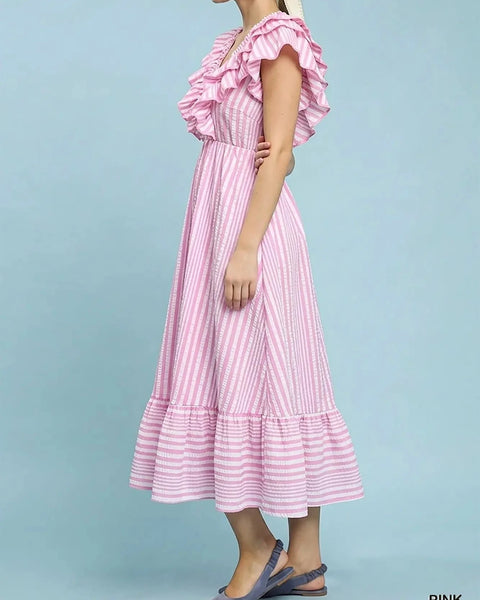 Lining Stripe V Neck Ruffle Midi Dress- Pink - Salty Lime Boutique