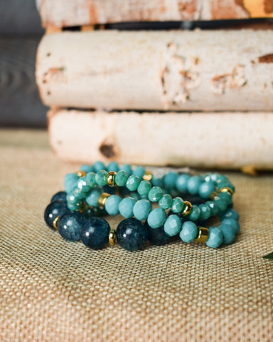 TURQUOISE GLASS BEAD STRETCHY BRACELETS - SET OF 3