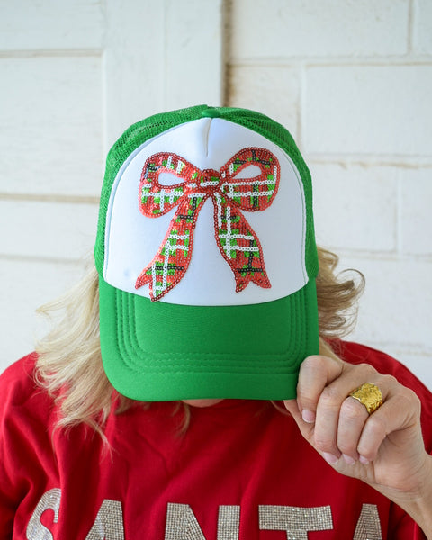 SEQUINS PLAID BOW TRUCKER HAT - GREEN