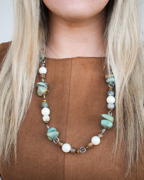 AUTHENTIC TURQUOISE NUGGET & GLASS PEARL BEAD NECKLACE - BY A RARE BIRD