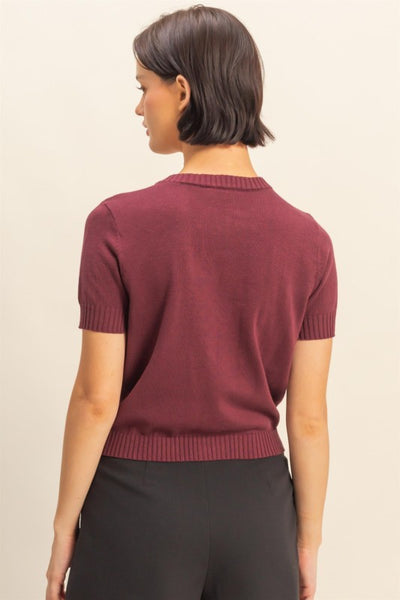 CREW NECK SHORT SLEEVE BUTTON UP CARDIGAN- DARK CHERRY