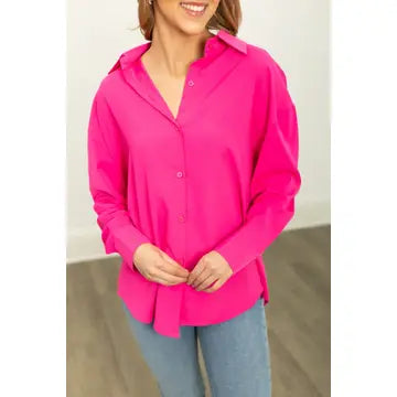KATHRYN BUTTON DOWN TOP - HOT PINK