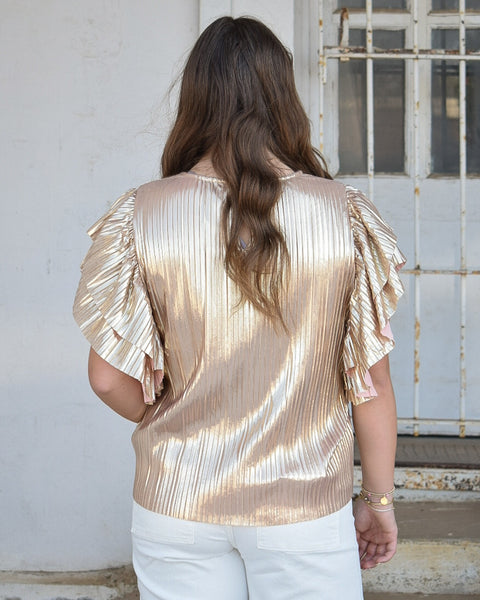 PLEATED FLUTTER SLEEVE TOP - GOLD - Salty Lime Boutique