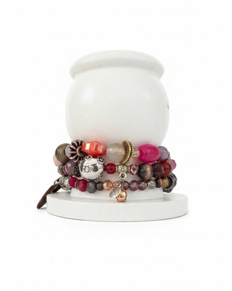Vintage Boho Pink Glass Bead Stretchy Bracelets - Set of 3
