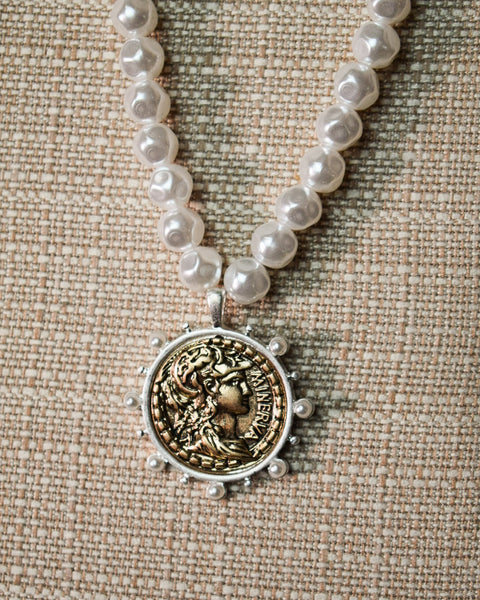 PEARL BEAD & LIBERTY COIN NECKLACE - SILVER