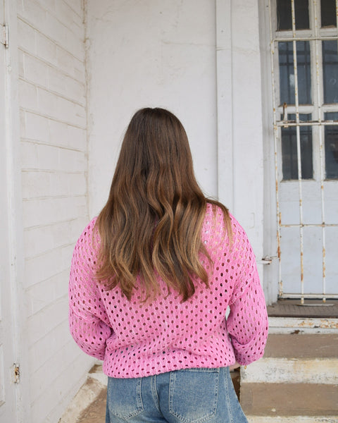 MINERAL WASHED OPEN KNIT LONG SLEEVE SWEATER  - PINK - Salty Lime Boutique