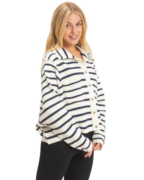 Coastal Charm Striped Button-Front Cardigan - Cream/Navy