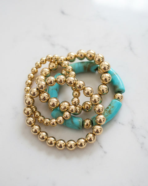 Turquoise Tube & Gold Bead Stretchy Bracelet - Set of 4 - Salty Lime Boutique