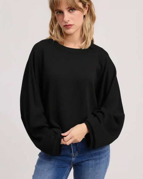Crewneck Sweatshirt Scuba Long Sleeve Top - Black