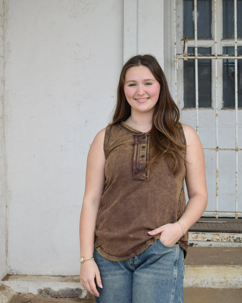 WASHED HALF BUTTON RAW EDGE SLEEVELESS HENLEY TOP - 4 COLORS - Salty Lime Boutique