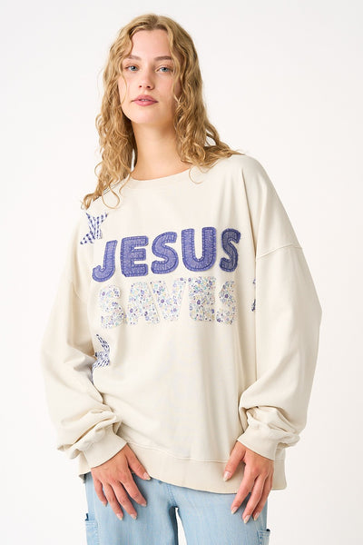 JESUS SAVES LONG SLEEVE SWEATSHIRT  - OATMEAL