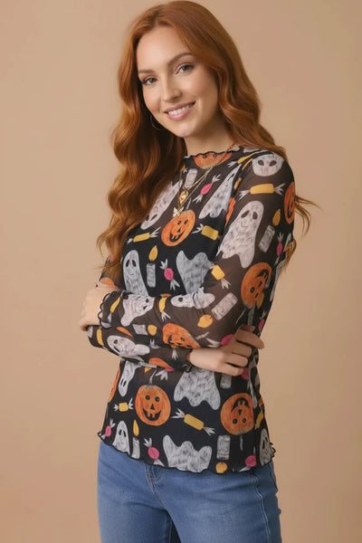High Neck Pumpkin Ghost Merrow Hem Mesh Top - Black - Salty Lime Boutique