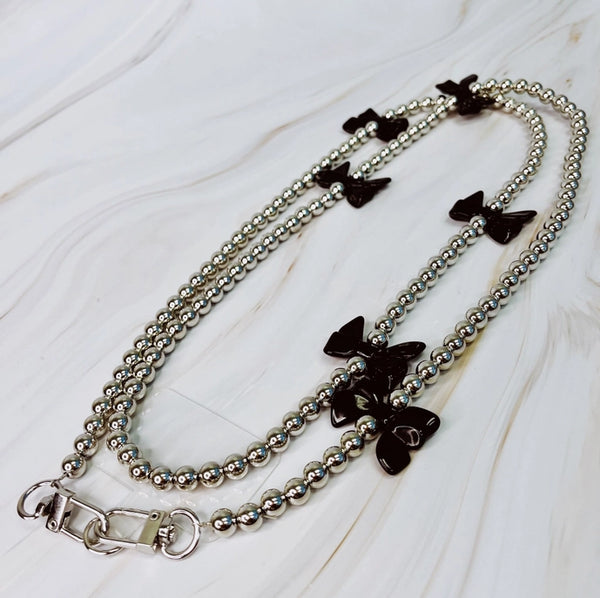 BOWS & BEADS CROSSBODY PHONE LANYARD - SILVER
