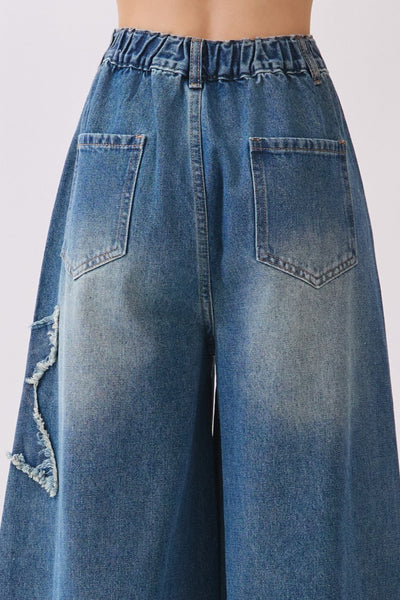 STAR PATCHWORK WIDE LEG DENIM PANT - DENIM
