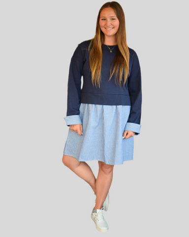  navy french terry sweatshirt dress with blue striped skirt and cuffs 