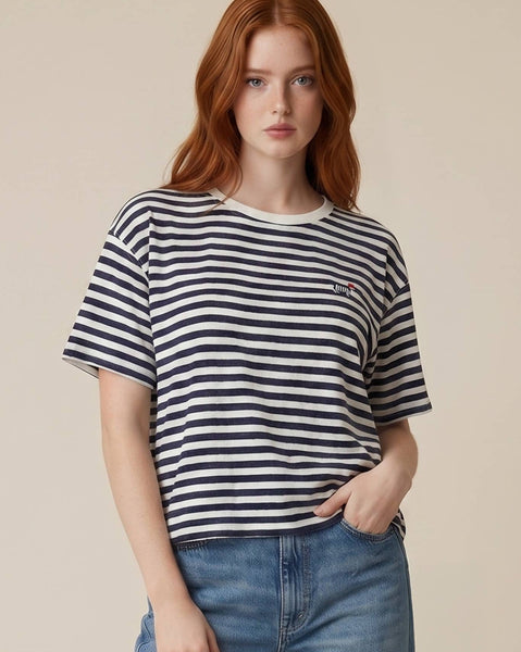 Dachshund Embroidered Stripe Top - Navy