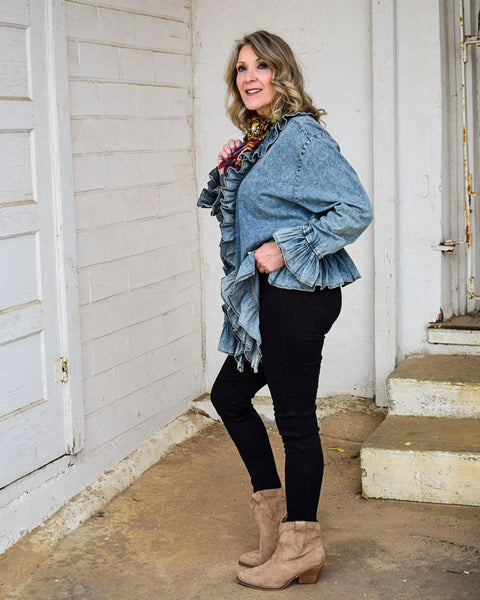 RUFFLED COTTON TOP BY A RARE BIRD - DENIM