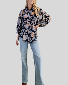 LIGHTWEIGHT FLORAL PRINT BUTTON DOWN SHIRT - BLACK