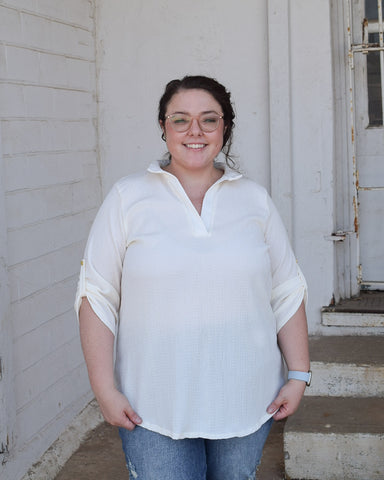 HARPER BUTTON SLEEVE  TOP- CREAM REG/CURVY