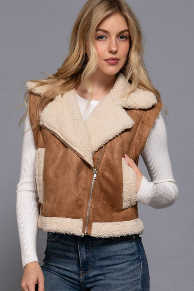 FAUX SUEDE INNER FUR VEST - CARMEL - REG/CURVY
