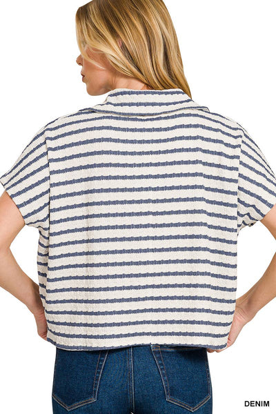 Striped Split Neck Collared Top: DENIM - Salty Lime Boutique