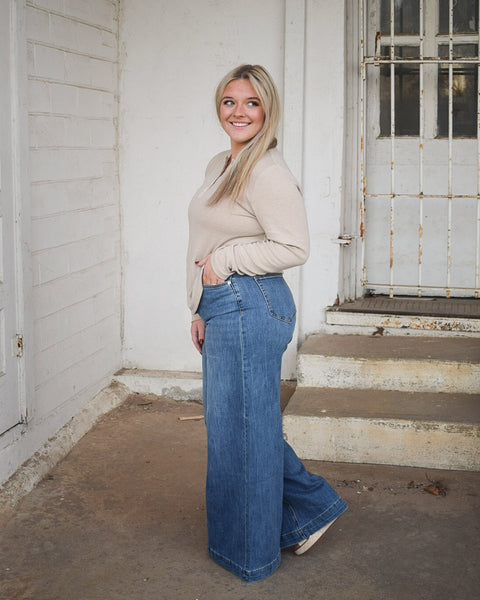 SUPER HIGH WAIST WIDE LEG SLOUCHY JEAN BY MICA DENIM - CLOUD NAVY - Salty Lime Boutique