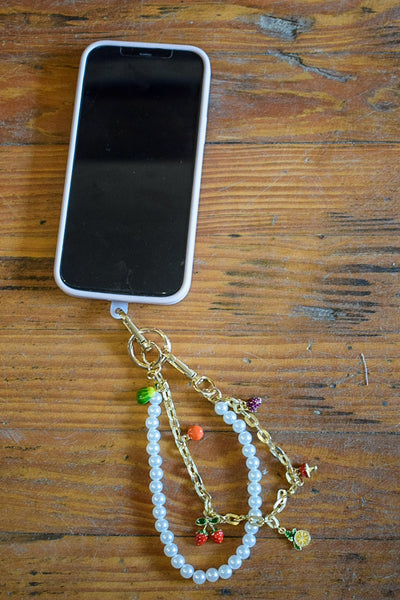 PEARL & FRUIT CHARMS CHUNKY PURSE CHAIN/PHONE WRISTLET