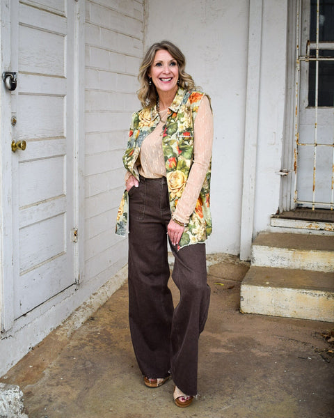 HW RETRO WIDE YARN DYED FRONT PATCH POCKET BY JUDY BLUE - BROWN - REG/CURVY