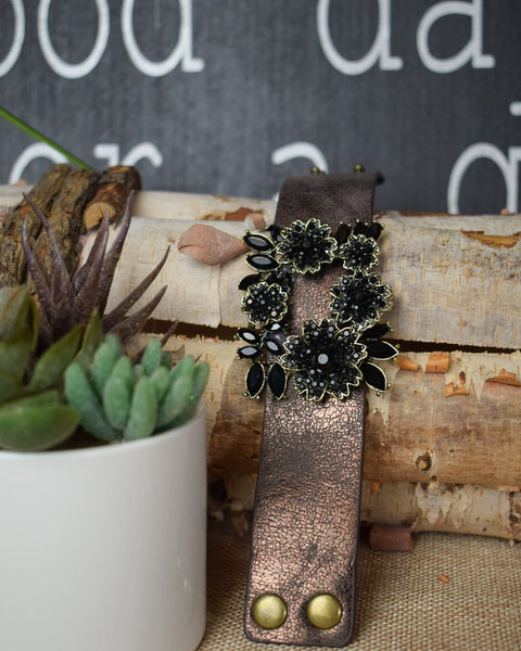 SILVER ANTIQUED FLORAL BUCKLE WITH BLACK STONES LEATHER CUFF BRACELET - 2 COLORS