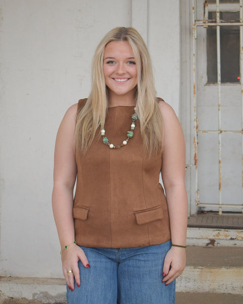 KEEPING IT COUNTRY POCKET DETAIL SUEDE SLEEVELESS TOP - CAMEL