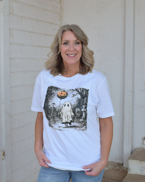 RESTOCKED GHOST WITH BALLOON GRAPHIC TEE- WHITE