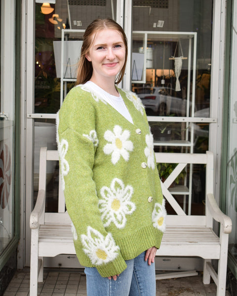 LOVE FLORAL SWEATER CARDIGAN - GREEN