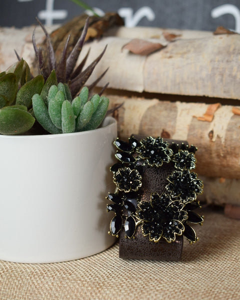 SILVER ANTIQUED FLORAL BUCKLE WITH BLACK STONES LEATHER CUFF BRACELET - 2 COLORS