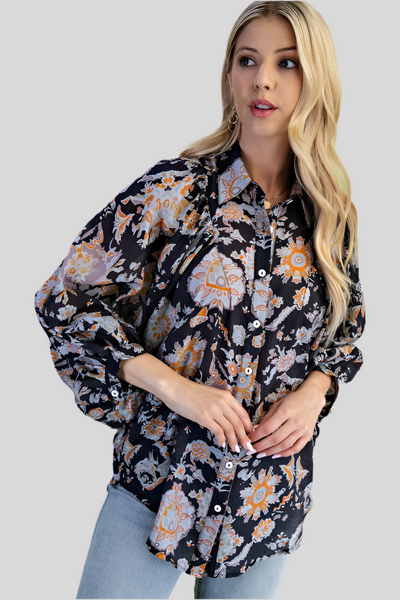 LIGHTWEIGHT FLORAL PRINT BUTTON DOWN SHIRT - BLACK